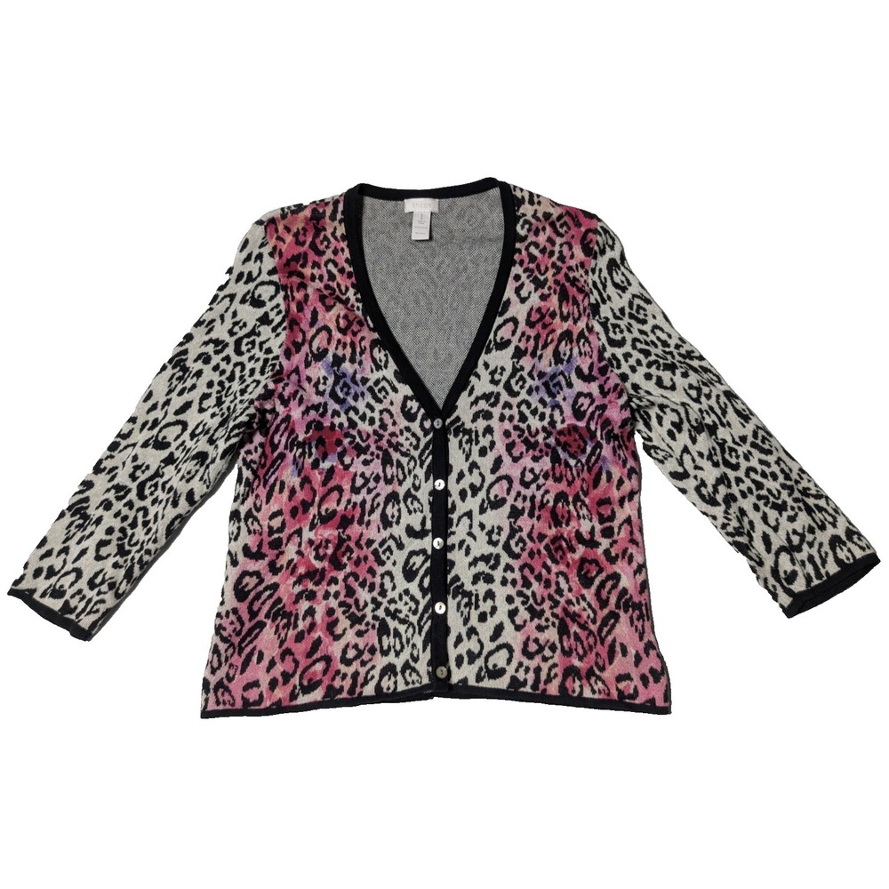 CHICO'S Leopard Animal Print Pink Overlay Cardigan Sweater - Women 1 - Medium